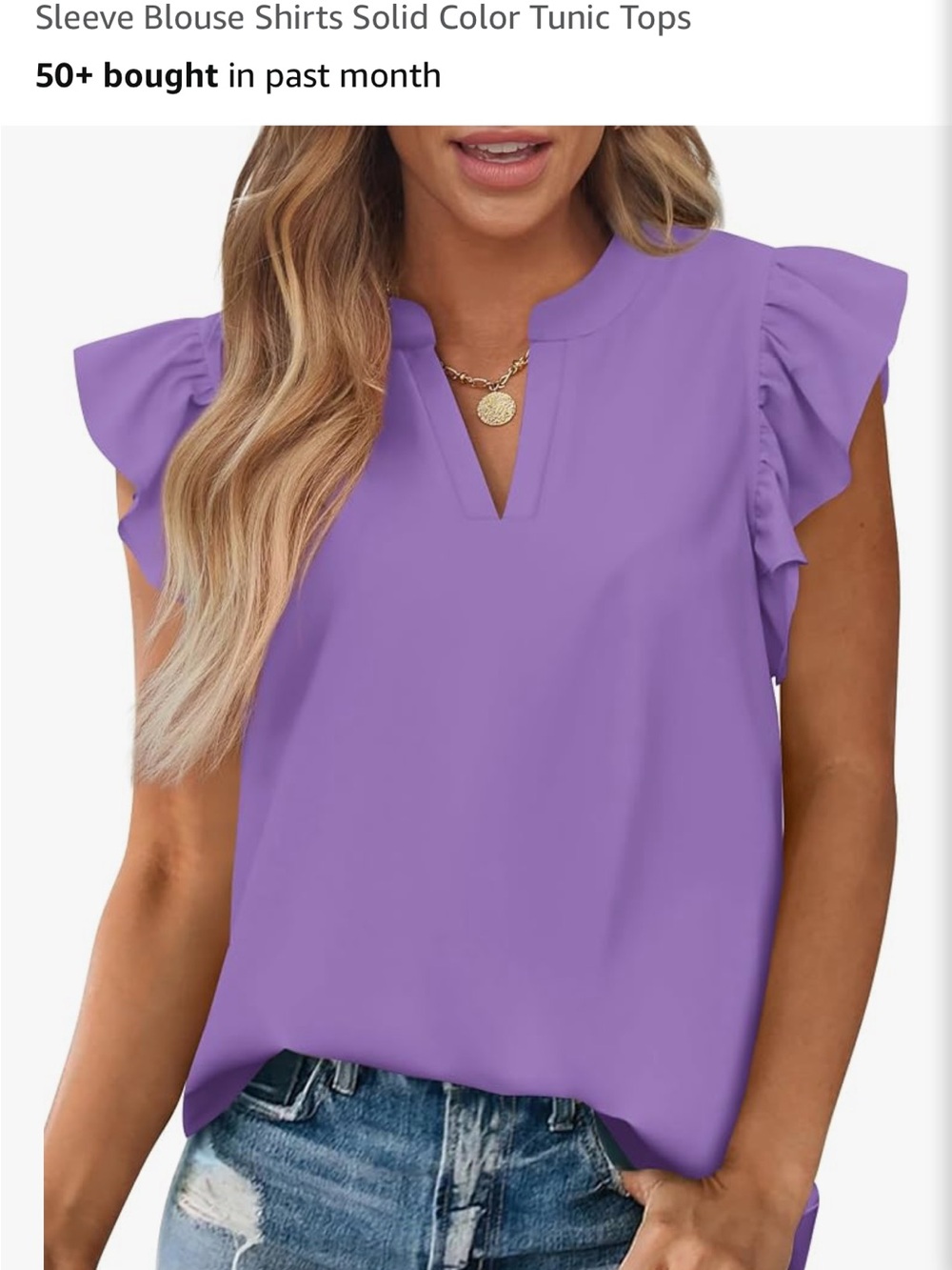 Ruffle Sleeve V-Neck Tunic Top - Lavender Purple